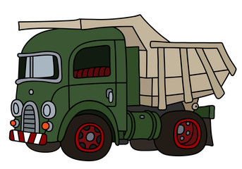 The vectorized hand drawing of a retro green dumper truck