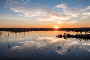 Albufera nature reserve, Valencia Spain, water reflection symmetry sunset