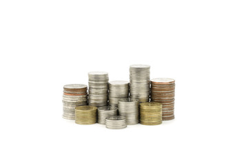 Close-up stack of Thai Baht coins isolated on white background.