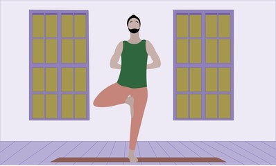 young man stretches his shoulders and back standing on one leg in Asana Tree Pose Vrksasana. Relaxation meditation illustration