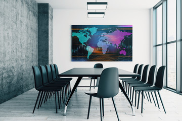 Conference room interior with financial chart and world map on screen monitor on the wall. Stock market analysis concept. 3d rendering.