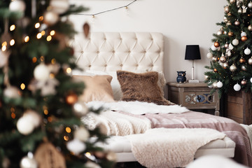  interior of the bedroom decorated for new year and christmas cozy bedroom festive interior