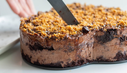  Chocolate Mousse Cake decorated crushed nuts being cut.