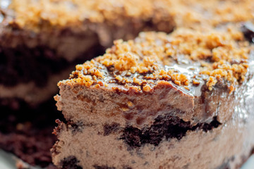 Chocolate Mousse Cake decorated crushed nuts sliced.