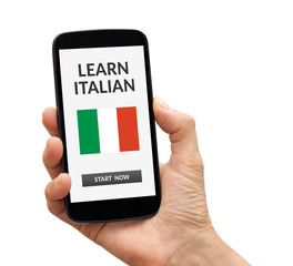 Hand holding smart phone with learn Italian concept on screen