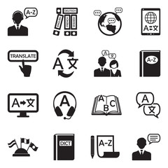 Translation And Dictionary Icons. Black Flat Design. Vector Illustration.