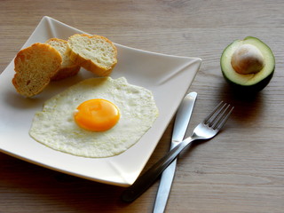 fried egg on a plate and slices of bread