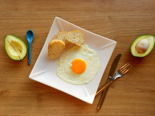 fried egg on a plate and slices of bread