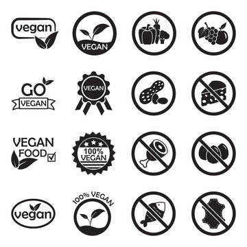 Vegan Icons. Black Flat Design. Vector Illustration.