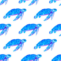 Watercolor seamless pattern with blue  turtle isolated on white background. Hand painted illustration. 
