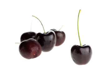 Dark sweet cherries isolated on white background.