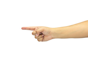 closeup of hand Man pointing at something isolated on white background with clipping part.