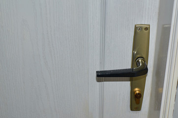 Detail of a white wooden door of an apartment with a handler