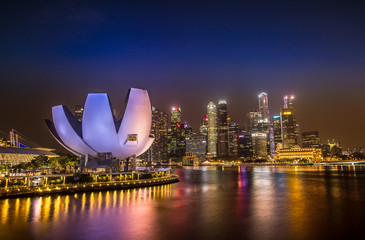 Singapore skyline at the Marina during twilight.