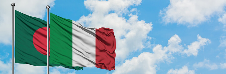Bangladesh and Italy flag waving in the wind against white cloudy blue sky together. Diplomacy concept, international relations.