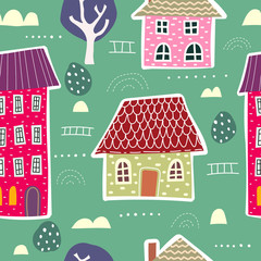 Fototapeta premium Seamless pattern with cartoon houses, tree, decor elements. Vector flat style. design for fabric, textile, print, wrapper