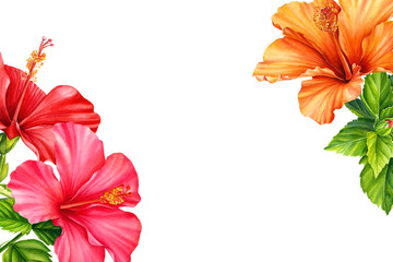 set of hibiscus flowers painted in watercolor, on an isolated white background, botanical illustration, tropical flowers © Hanna