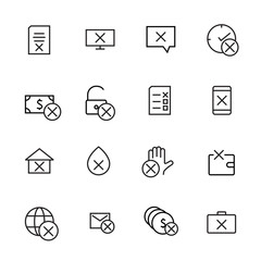 A simple set of reject related vector line icons. Contains icons such as Refuse Money, Cancel Document, Cancel, Rejection, and more. Editable Bar. 48x48 Pixel Perfect