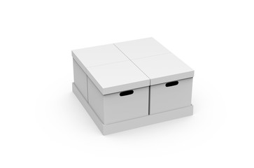 Paper palette with four cardboard boxes mockup template on isolated white background, 3d illustration