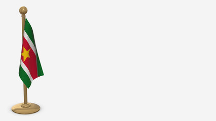 Suriname 3D flag illustration hanging on golden flagpole.