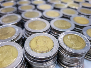 Thai baht money or Money thai coins staircase sorted. King of Thailand. The concept of financial planning, savings, Busines successful