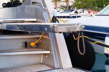 Electrical outlets for charging on boats and yachts in sea coast in Mediterranean. Charging station for boats. Horizontal frame.