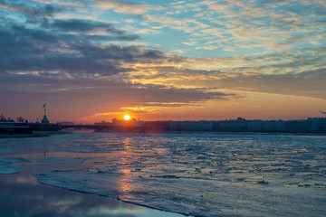 winter dawn over the Neva with ice floes