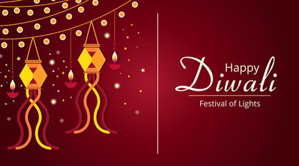 Happy Diwali vector decorative banner. Flat design of Diwali festival background.