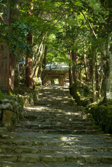 滋賀県、湖東三山の百済寺の仁王門と石階段の参道の風景