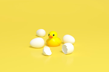 Yellow little duck doll, yellow rubber duck doll, duck bath toy, baby toy on yellow background 3d rendering. Duckling toy hatch from eggs 3d illustration minimal style concept.