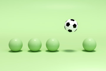 Outstanding soccer ball Floating among green ball on green background 3d rendering. football festival. 3d illustration pastel minimal style concept. 