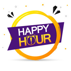 Happy Hour, grunge brush, banner design template, sale tag, vector illustration