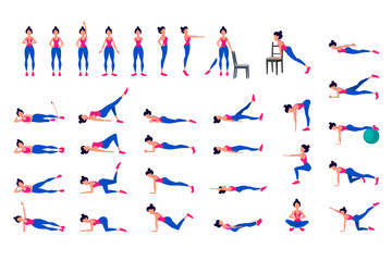 Fototapeta na wymiar yoga poses in flat design. woman is doing exercise for body stretching. Healthy lifestyle. Fitness cardio exercises. abstract isolated vector illustration