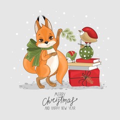 Christmas card with cute squirrel and festive elements. Vector illustration.