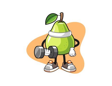 Pear fitness hold dumbbell cartoon. Mascot Character vector.