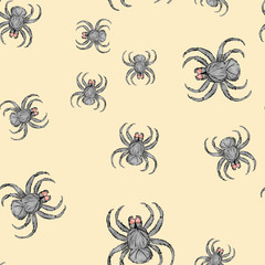 Watercolor hand drawn artistic  spooky Halloween black spider net  cartoon  vintage seamless pattern
