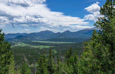 Fototapeta na wymiar Rocky Mountains summer green panorama in Colorado, USA. Mountains and clouds