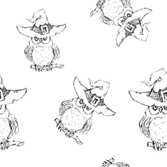 Watercolor hand drawn artistic  spooky sketchy line art Halloween owl  cartoon  vintage seamless pattern