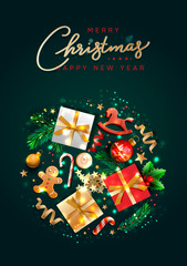 Christmas greeting card with holiday objects. Merry Christmas and happy new year. Background with gift box and balls design. Postcard with candy, candles and fir branches. Vector illustration.