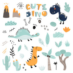 Set of cute dinosauts, foliage, volcano, cactus for children print