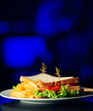 sandvich is served with dried potato and tomato in the plate