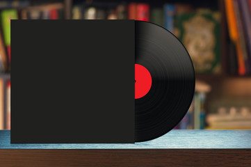 Vinyl disc on a shelf - close-up