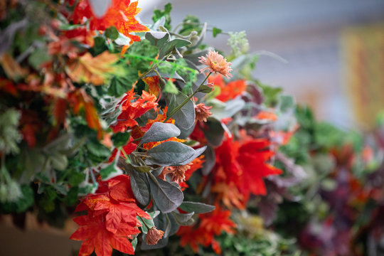 Decorative leaves and flowers of different color shades, red square fair, Moscow