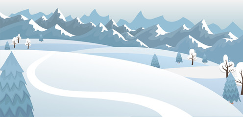 Winter mountain landscape in blue tones. Flat vector illustration.