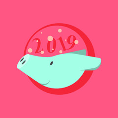 2019 Happy New Year greeting card. Celebration pig on background.