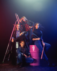 Rebel youth. Full length portrait of cocky children in stylish jeans and leather clothes. Concept...