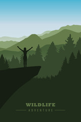 girl with raised arms on a cliff in green forest mountain vector illustration EPS10