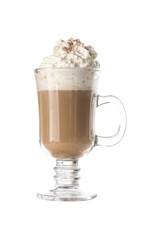 Latte coffee with whipped cream in coffee mug isolated on white background