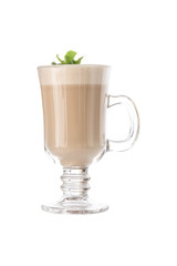 Latte coffee with mint leaf in coffee mug isolated on white background