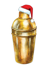 Christmas New Year Eye Winter Holiday Cocktail Liquor Bar Party Nightlife Hand Drawn Food Gold Yellow Shaker in Santa Claus Hat Sketch Illustration. Menu, card, poster, invitation, decoration design
